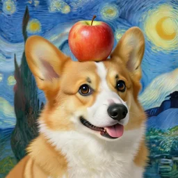 corgi with an apple on its head, 4 k, by van gogh, realistic, high detail, concept art