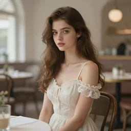 a beautiful brown - haired girl with a summer dress in restaurant, intricate, elegant, highly detailed, digital painting, artstation, concept art, smooth, sharp focus, illustration, ethereal, misty, by ilya kuvshinov and jeremy mann, 8 k, octane render