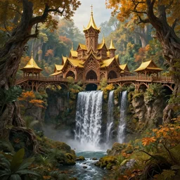 wooden elven City   with golden roofs, arches and bridges on top of a WATERFALL in the fall, gnarly trees, lush vegetation, forrest,  a small stream runs beneath the waterfall, landscape, raphael lacoste, eddie mendoza, alex ross, john howe, concept art, matte painting, highly detailed, rule of thirds, dynamic lighting, cinematic, detailed, denoised, centerd