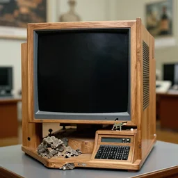 realistic photo of a scientific model of an ugly rough complex desktop computer made of wood, display is black obsidian, front view, 1 9 9 0, life magazine reportage photo, metropolitan museum photo