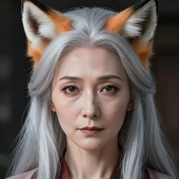 A beautiful kitsune older woman with fox ears || VERY VERY ANIME!!!, fine-face, age lines, silver hair, realistic shaded perfect face, fine details. Anime. realistic shaded lighting poster by Ilya Kuvshinov katsuhiro otomo ghost-in-the-shell, magali villeneuve, artgerm, Jeremy Lipkin and Michael Garmash and Rob Rey