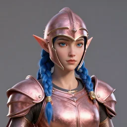 portrait of a regal elf with a blue braid wearing a rose gold breastplate, 3 d render by mandy jurgens, artgerm, and lu ji, centered, headshot, artsation contest winner, cgsociety, cryengine, concept art, photorealism, daz 3 d, sketchfab, zbrush, vray : 1 | helmet, headwear : - 1