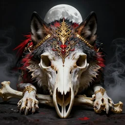 photo portrait portrait of skull of wolf, lying on bones, dramatic lighting, golden ornaments, symmetric, intricate skeletal decorations, symmetry, highly detailed, concept art, black, red, white, gold layers, super moon, style of nekroxiii, hyperrealistic, dark background, smoke