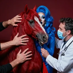 zeiss lens photograph david armstrong only with blue drag queen in love with a red stallion too many hands in all directions doctors mask in the style of gottfried helnwein chiaroscuro intricate composition blue l insanely quality highly detailed masterpiece red light