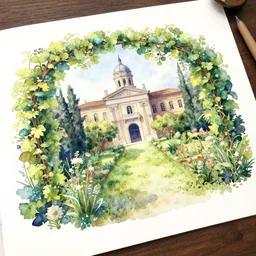 garden on paper floating puffy vines herbarium watercolors iridescent 8 k wide angle realistic artstation italian liberty architecture