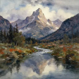 watercolor painting of small cold river, reflections, tall mountains and clouds, mythological art by hans gude, ambient lighting and shadows, art by hans dahl, by jesper ejsing, art by anders zorn, wonderful masterpiece by greg rutkowski, cinematic light, american romanticism by greg manchess, creation by tyler edlin
