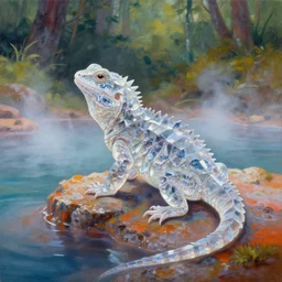 highly detailed oil painting of a crytal lizard sitting in a steaming colorful hotspring with woodland forest backdrop, featured on artstation