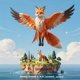 A beautiful, detailed and english view below a fox king falloon, at a island, by Jimmy Ernst and H.P. Lovecraft, zbrush central, vivid color