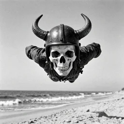 grainy black and white photo of a man whose face is a skull wearing a horned helmet flying in the sky above a beach on d - day, 1 9 4 0 s, unsettling, cursed.