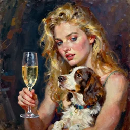 oil painting of blonde woman with a glass of champagne and a spaniel puppy with intense feeling and great poignancy. the characteristics of the painting are its strong colors, its deep shadows, and its overall feeling of great movement. the style of the painting is expressive and deeply emotional.
