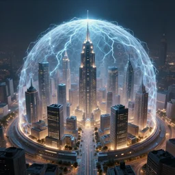 a utopian city protected by a dome of electrical force field, concept art, digital illustration, trending on artstation, deviantart, artgerm, epic composition, masterpiece, highly detailed, advanced technique, ambient lighting, wlop, ross draws