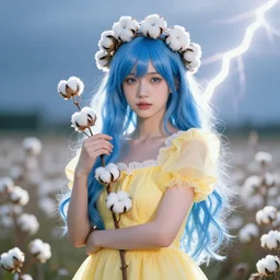 goddess of cotton, model pose, blue hair, yellow dress, crown of cotton flowers, beautiful symmetrical face!!!, cinematic lightning, rim light, sigma 8 5 mm, octane render, fujifilm provia