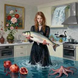 tall emo female artist holding a large fish in her flooded kitchen, pomegranates, octopus, luxury apartment kitchen, painting of flowers, surreal photography, ikebana, zen, rapids, waterfall, black swans, canoe, berries, impressionist digital painting, by simon stalenhag and magritte