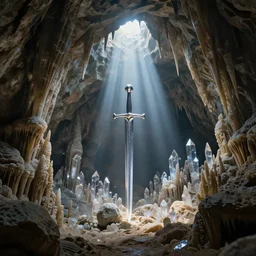 Overgrown stone Cave, high detailed thin stalagmites, high detailed thin stalagtites, The Sword in the stone in the middle, Rays of God shining from above, Crystal Lighting, Mystical, Hyperrealistic, 4K, Unreal Engine, Highly Detailed, Dramatic Lighting, Magical, Beautiful