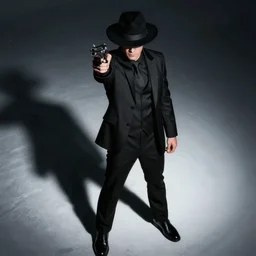 comic book character of a man in black suit and black hat, he has a pistol, dark noir style, 4 k, highly detailed, digital art, strong shadows, high contrast, epic scene, atmospheric, cold colours