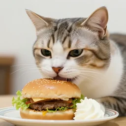 realistic photo of a cute cat eating a burger