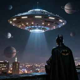 batman watching a ufo land, planets in the sky
