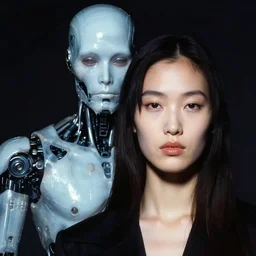 hyperrealism mixed with classicism, close - up portrait of fashion model in front, and melting cyborg in back, complete darkness, in style of classicism mixed with 8 0 s sci - fi hyperrealism