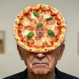 head and shoulders portrait of an old man with a perfectly round head, shaped like a pizza, with a small face sticking through the center of a pizza margherita, disturbing reality, shocking revelation, unsettling, extremely detailed, soft lighting, sharp focus, highly symmetrical, droopy eyes, exhibition, masterpiece by morten krogvold