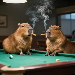 capybaras sitting at pool table contemplating life and smoking cigars