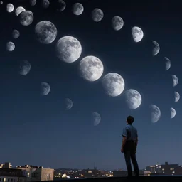 the sky is crowded with many multiple moons. a thousand moons in the sky. focus on the sky. man looking at the moons in the city sky. moons moons moons! fantasy art by wayne barlowe, noah bradley, patrick woodroffe, dariusz zawadzki. extremely high details, realistic, masterpiece, artstation contest winner