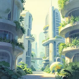 beautiful futuristic architecture with organic shapes, plants growing on it. gouache, limited palette, by award - winning mangaka, backlighting, depth of field.