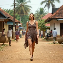 gal gadot walking in the steets of a kerala village, cinematic, volumetric lighting, hdr