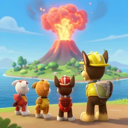 chase from paw patrol is watching a giant volcano erruption on the island across the sea, movie poster, trending on artstation, intricate detail, very sharp, vibrant colors, depth of field