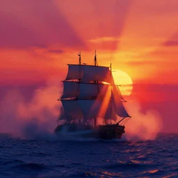 a beautiful artwork illustration, concept art sketch of a single ship in the ocean at sunset, volumetric fog, godrays, high contrast, high contrast, high contrast, vibrant colors, vivid colors, high saturation, by Greg Rutkowski and Jesper Ejsing and Raymond Swanland and alena aenami, featured on artstation, wide angle, vertical orientation