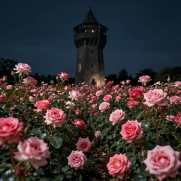 photo of a beautiful field of roses with a dark tower in the center. night. photorealism. 4 k. national geographic. high detail