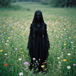 mystical black death god figure standing in tall meadow of flowers, film photo, grainy, high detail, high resolution