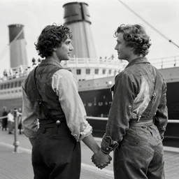 gay couple holding hands in the titanic, historical photograph, black and white