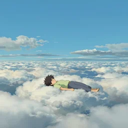 beautiful scene render of a person sleeping alone on the seas of clouds, the vast sky, perfectly shaded, atmospheric lighting, style of makoto shinkai and peter mohrbacher, studio ghibli. artgerm, karol bak, beeple, animation style, 8 k hd, ultra wide angle, hyper detailed