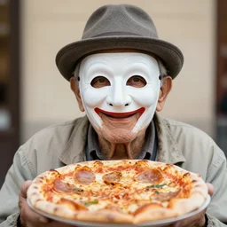 close - up portrait of a wrinkled old man wearing a pulcinella mask holding a pizza, clear eyes looking into camera, baggy clothing and hat, masterpiece photo by unknown