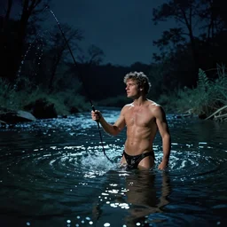 a shining achilles fishing in the magic river styx, at night, magic, stanley kubrick movie, wide shot, surreal, deep