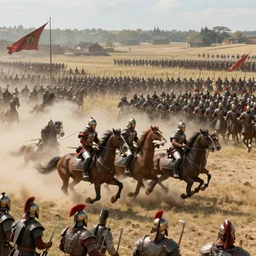 mid action shot cinematic artwork of a battle scene as cavalry charge on horseback into a spartan army in phalanx formation, battlefield scene by greg rutowski, masterpiece, 4 k