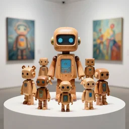 8 k photorealistic, a wooden art toys on a pedestal, cute robot wooden, cyberpunk, concept art, contemporary art gallery, art by afshar petros an davis alan