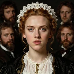 front symmetric face of very young scarlet johansson in japanese costume, victorian head dress, by jan van eyck, tom bagshaw, jean delville, william bouguereau, albrecht durer, symbolist painting, mysterious mood