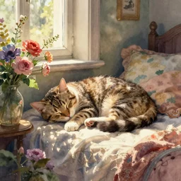 a digital art of a cat sleeping in the room with flowers around in the afternoon, the sun shines in, storybook art, watercolor, detailed, cute, by anton fadeev, featured on artstation