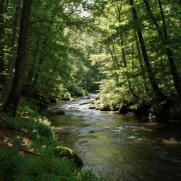 a winding river through a dense forest, sunlight filtering through the leaves, by greg rutkowski