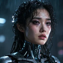 facial portrait of a korean android with dark smeared makeup from crying, wet curly hair, wet skin, a dark cyberpunk background, lens flare, rain, deep focus, d & d, intricate, elegant, highly detailed, photo, artstation, blade runner, 8 k, sharp focus, octane, unreal engine 5, global illumination, radiant light
