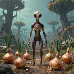 a photo of a being on an alien planet where a humanoid species are evolved from onions, there are strange trees in the background