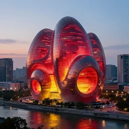 An epic architectural rendering of a blob shaped trypophobia house with a mysterious red and yellow glow emitting from inside in a modern cityscape next to a river, stunning, gorgeous, golden ratio, photorealistic, featured on artstation, 4k resolution
