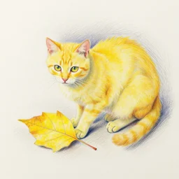 a yellow cat near a yellow leaf, colorful drawing, pencil, impressionist