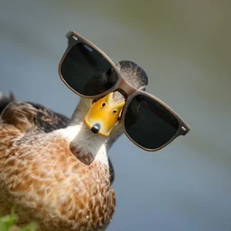 a duck using sun glasses, award winning, tilted frame, dutch angle, skewed shot, a bird, a bird