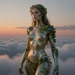 biblical female android, pattern of ivy on skin, glowing veins, in clouds, sunset, portrait by wayne barlowe, studio lighting, muted colors, by frank frazetta, extreme detail, reflections, trending on artstation, 8 k
