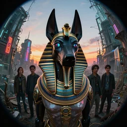 portrait of a cybernetic anubis jackal with ultradetailed egyptian headdress and cyber eyes by peter mohrbacher and emmanuel shiu and martin johnson heade and bastien lecouffe - deharme, rim light photography abandoned by shigeru ban, retro neon signs at dusk lightpaint fisheye cyberpunk apocalyptic vaporwave sunset cgsociety universe made of glass forest fantasy dieselpunk steampunk
