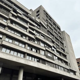 Beautiful Photograph of a Brutalist socialist modernist Building, lowshot, mid-day