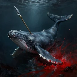 a dark horror art of a whale pierced by a spear and bleeding on the ocean floor, hiper detailed realistic painting, high angle, volumetric light, part by aivazovsky, part by beksinski, red blood brushstrokes by swanland.