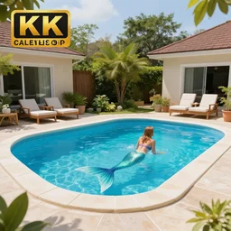 a photo of the neighbors backyard with a swimming pool and a mermaid, photo realistic, award winning photo, detailed, 8k, hd
